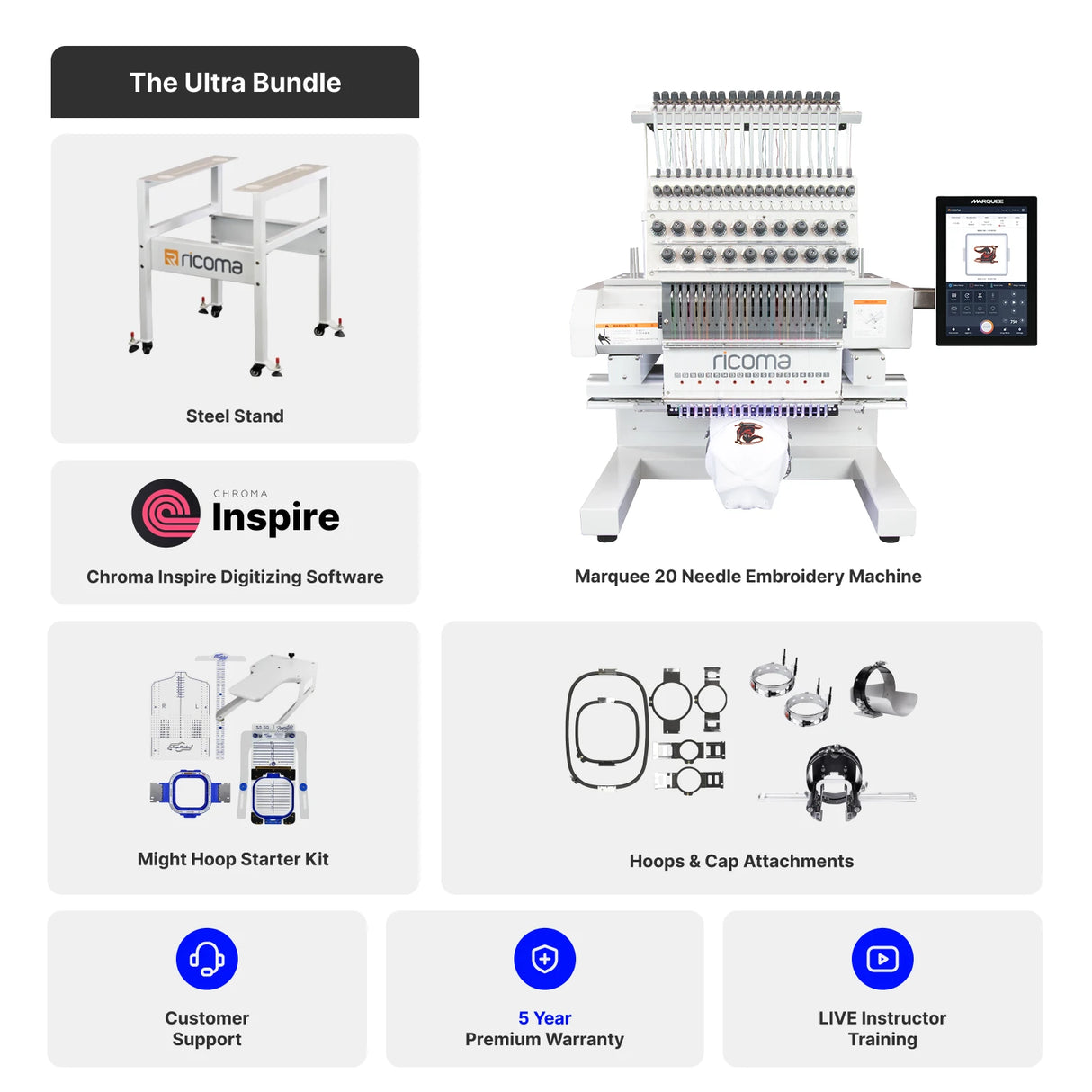 Marquee 20-Needle Commercial Embroidery Machine with 10.1" Touchscreen Panel