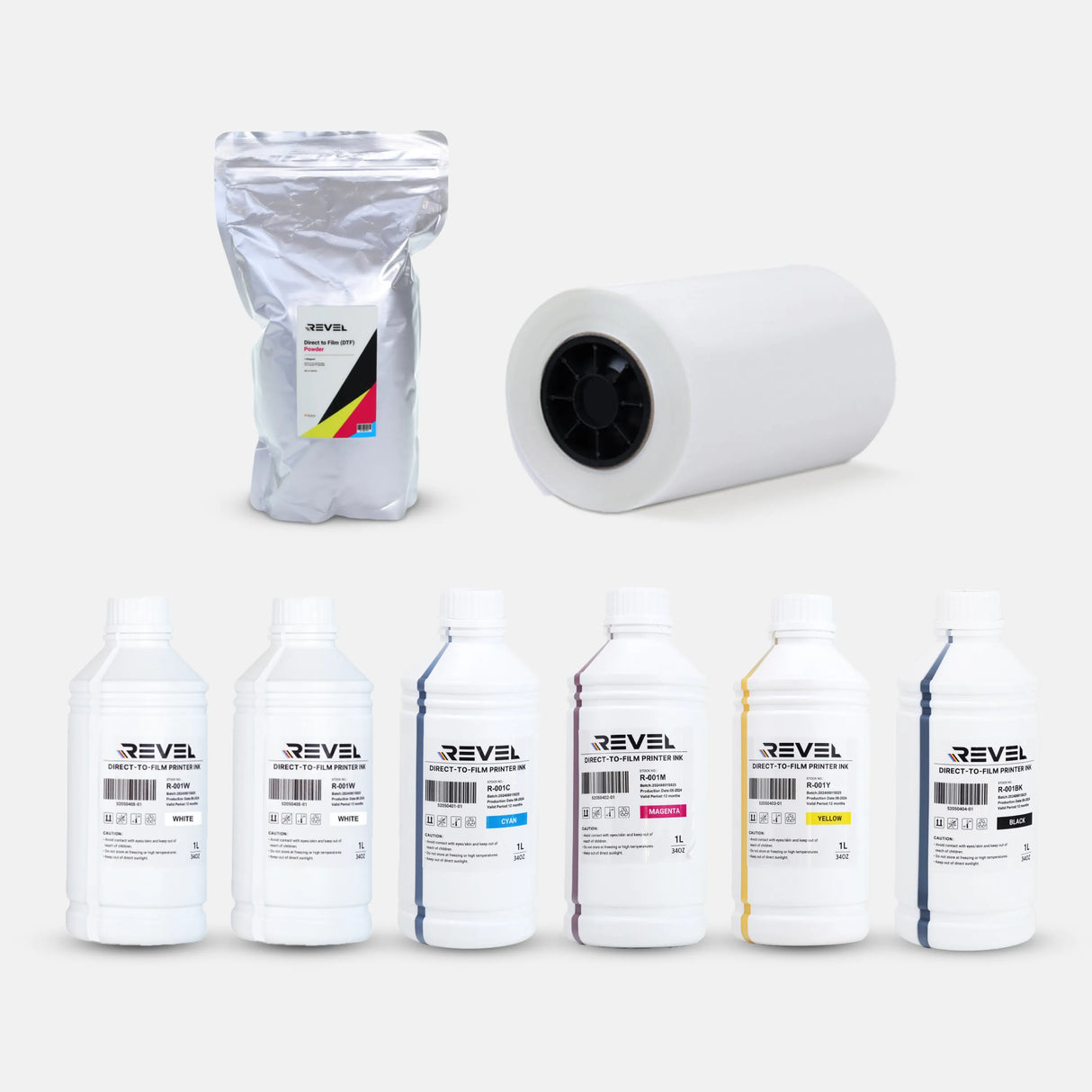 Revel DTF Printing Refill Kit – Full CMYK Set, Extra White Ink x2, 12" Hot/Cold Peel Film & 2 Adhesive Powder Packs