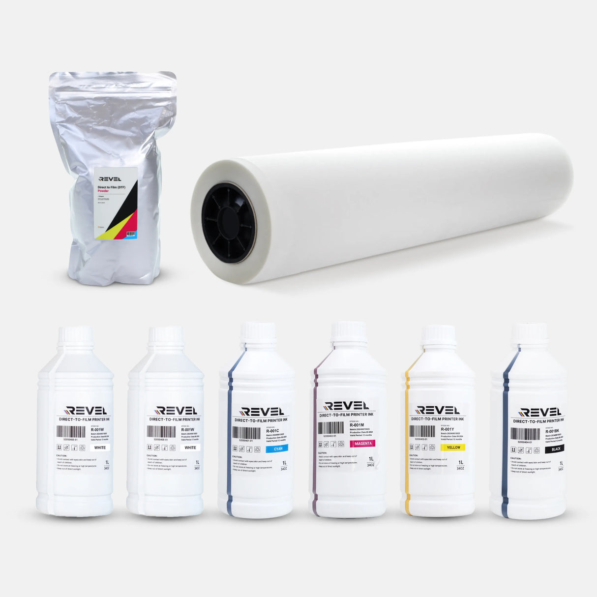 Revel DTF Printing Refill Kit – Full CMYK Set, Extra White Ink x2, 24" Hot/Cold Peel Film & 2 Adhesive Powder Packs