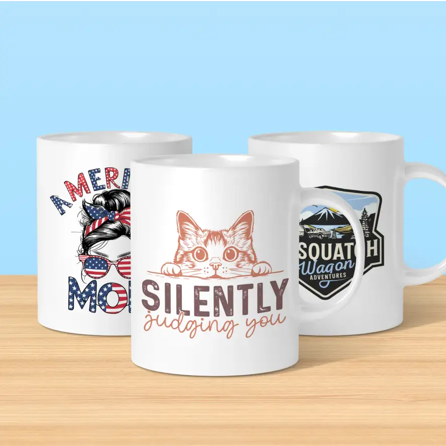 Ricoma Mug Heat Press - different mug designs like sublimation and heat transfer