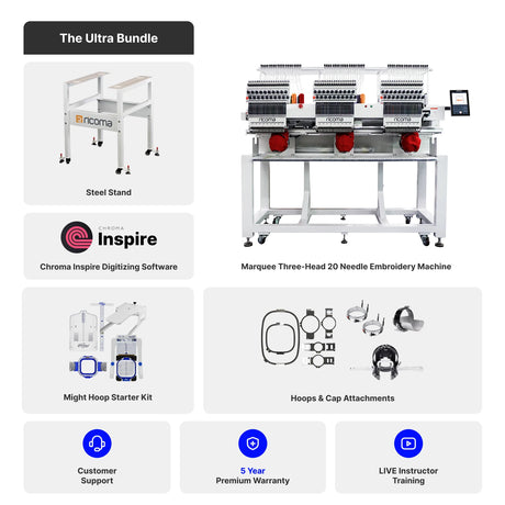 Marquee Three-Head 20-Needle Commercial Embroidery Machine with 10.1" Touchscreen Panel