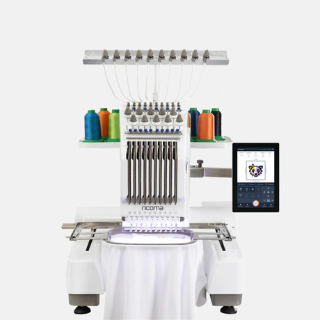 Embroidery machine with needle bar and colorful thread spools on a white background