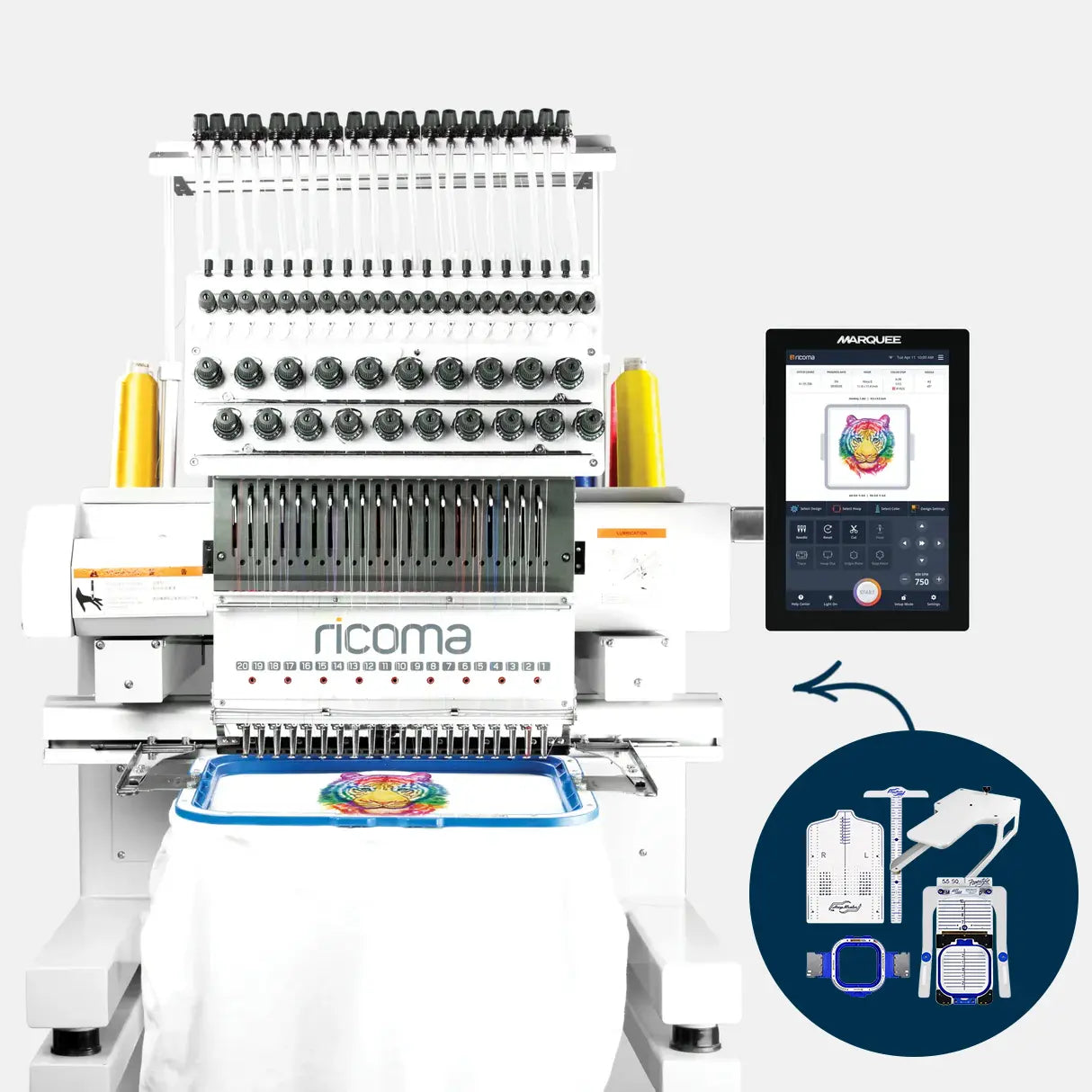 Embroidery machine with needle bar and digital display on a white background