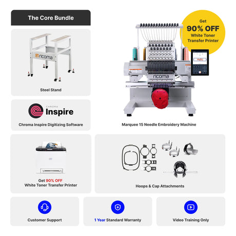 Embroidery machine bundle with stand, software, and printer on a white background