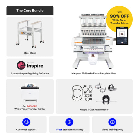 Product bundle with embroidery machine, software, and accessories on a white background