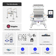 Ricoma embroidery machine bundle with software, accessories, and support on a white background