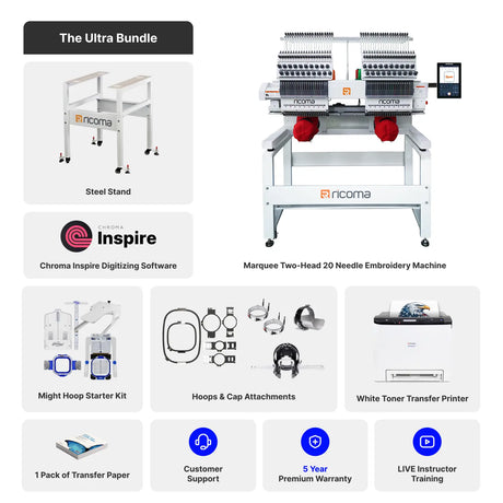 Marquee Two-Head 20-Needle Commercial Embroidery Machine with 10.1" Touchscreen Panel