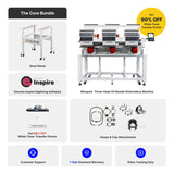 Promotional image of embroidery machine bundle with stand, software, and accessories.