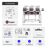 Promotional image of embroidery machine bundle with various components and software.