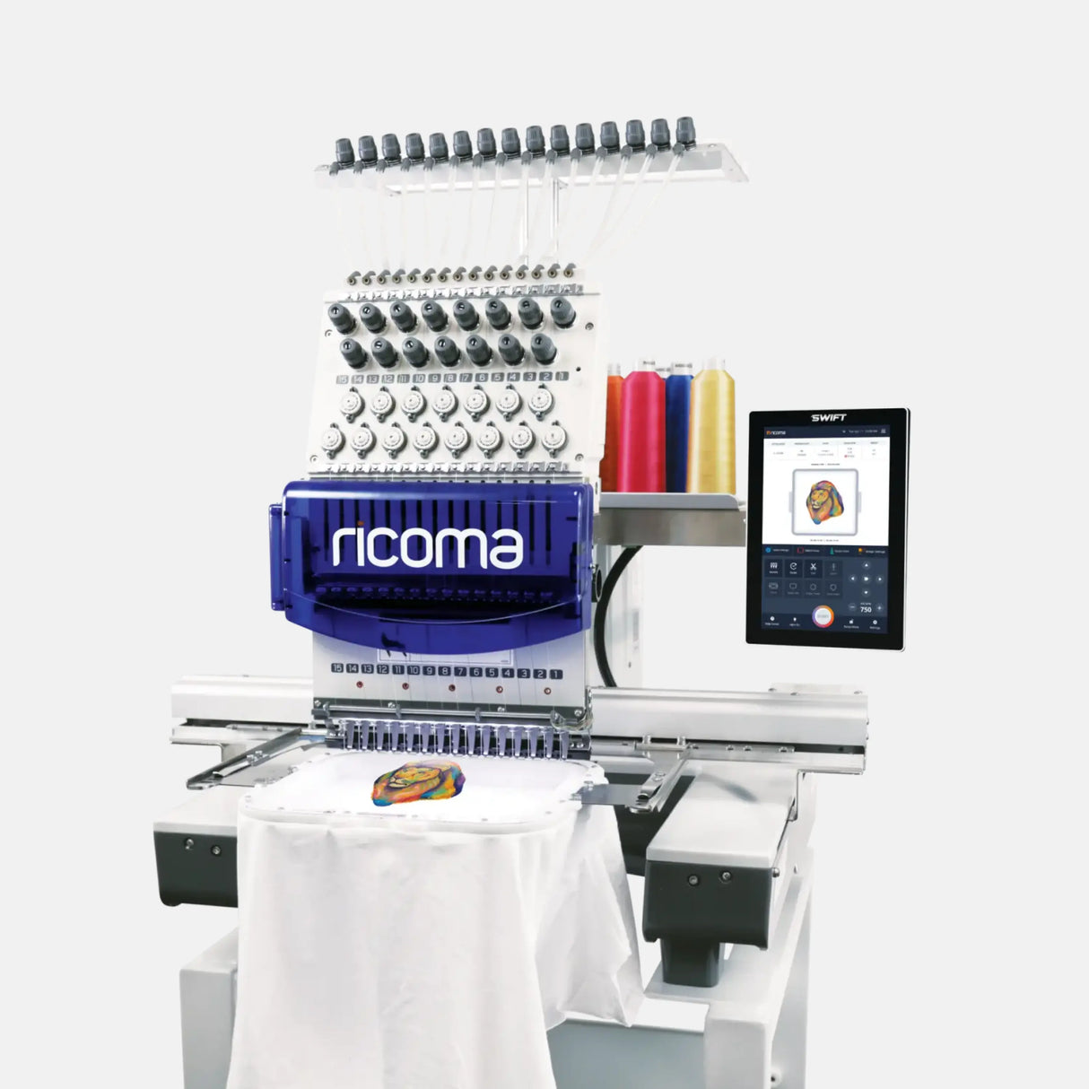 Embroidery machine with 'ricoma' branding on a white background