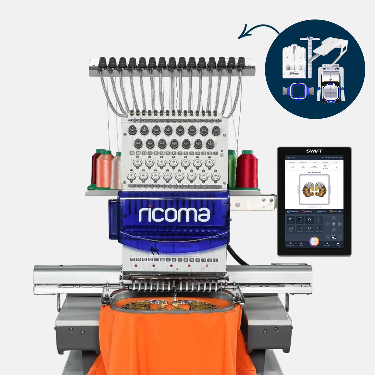 Embroidery machine with Ricoma branding and a digital display on a white background