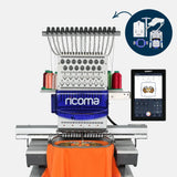 Embroidery machine with Ricoma branding and a digital display on a white background
